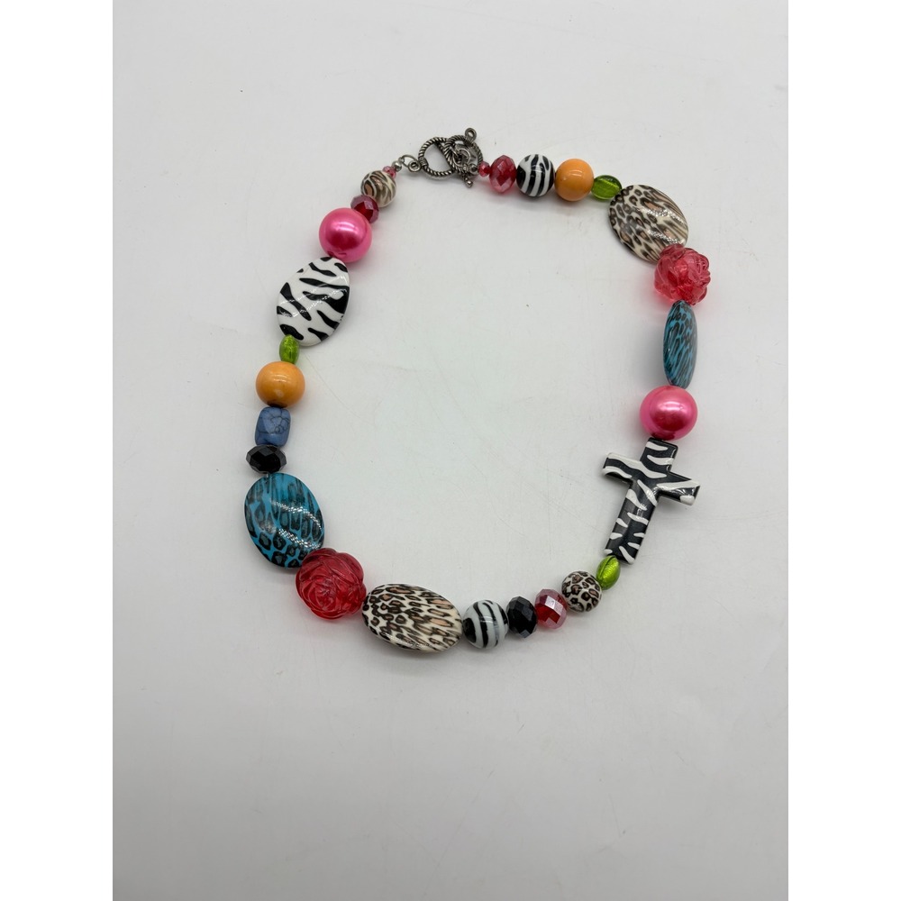 Cookie Lee Chunky Bead Necklace Zebra Cross Animal Print Multi Color Toggle J542